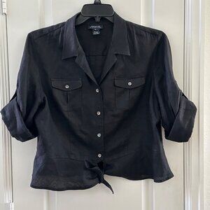 Jones New York Signature XL Black 100% Linen Button Down Shirt With Roll Tab Sle